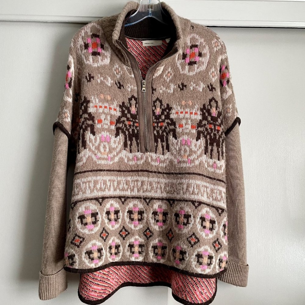 Anthropologie Sleeping on Snow Fairbanks Half Zip Wool Sweater Tan Tribal XS/S